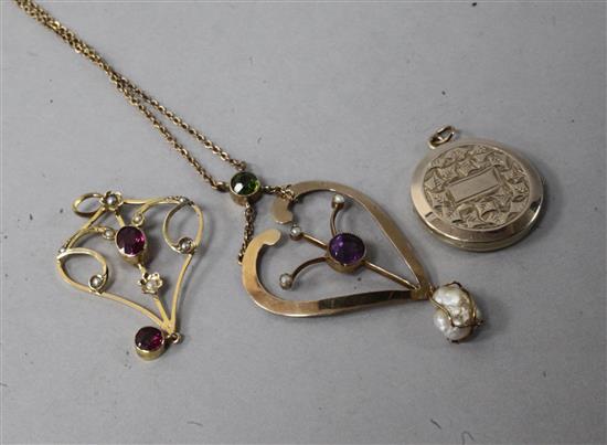 An early 20th century 9ct gold, peridot, amethyst and pearl set drop pendant necklace, in the Suffragette colours, pendant 2.25in.